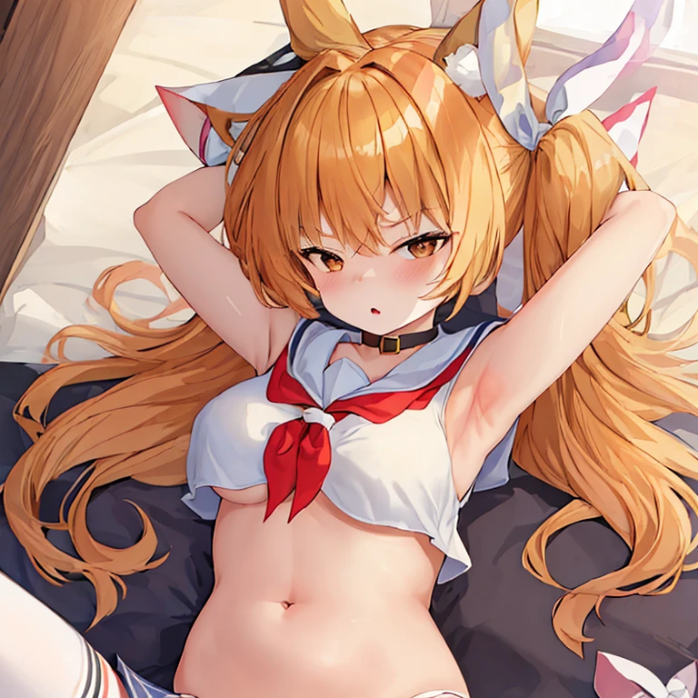 (masterpiece, best quality:1.2),illustration,8k,HD,1 girl,alone,animal_ears,Cat_ears,bow,long_hair,hair_bow,white_hair,Bangs,Moderate_breast,Black_bow,ribbon,direction,Double tail,animal_ear_fluff,Red_Eye,hair bow,navel,white thighhighs,sleeveless tops,sailor collar,mini skirt,arm ribbon,