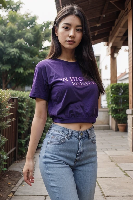 create an asian girlf of 24-26 year of age approx. and make her wear a tshirt of purple colour with blue jeans