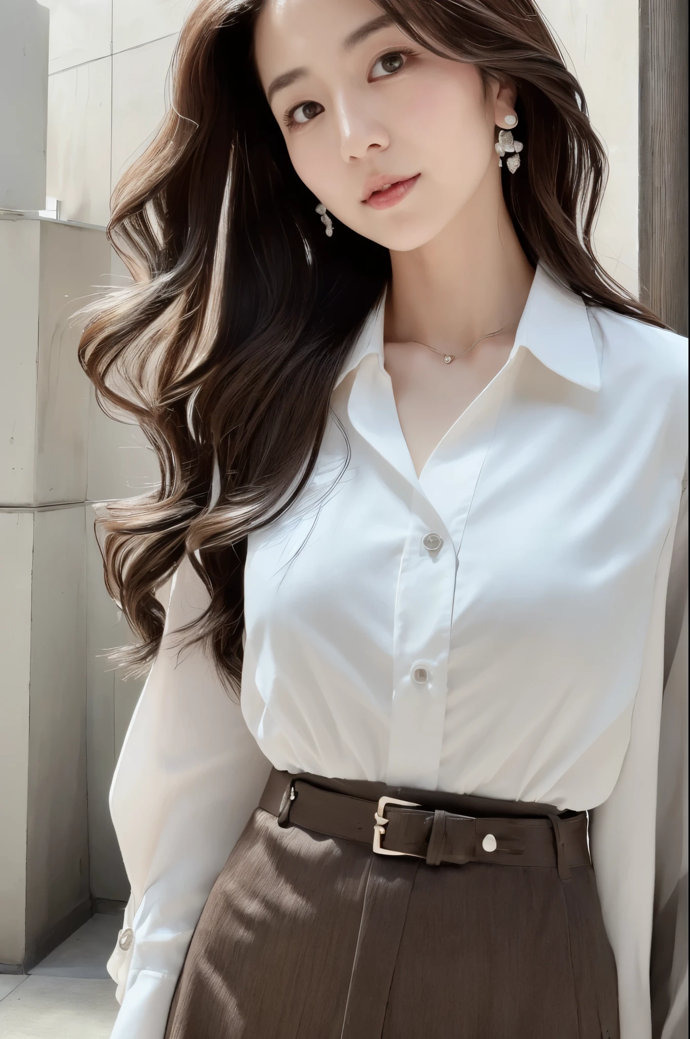 (Best quality, High resolution, Masterpiece :1.3), A Japanese lady, cute face, Slender abs, Dark brown hair styled in loose waves, Small breasts, Very thin waist, Wearing pendant, White button up shirt, Belt, Black skirt, (Modern architecture in background), Details exquisitely rendered in the face and skin texture, Detailed eyes, Double eyelid