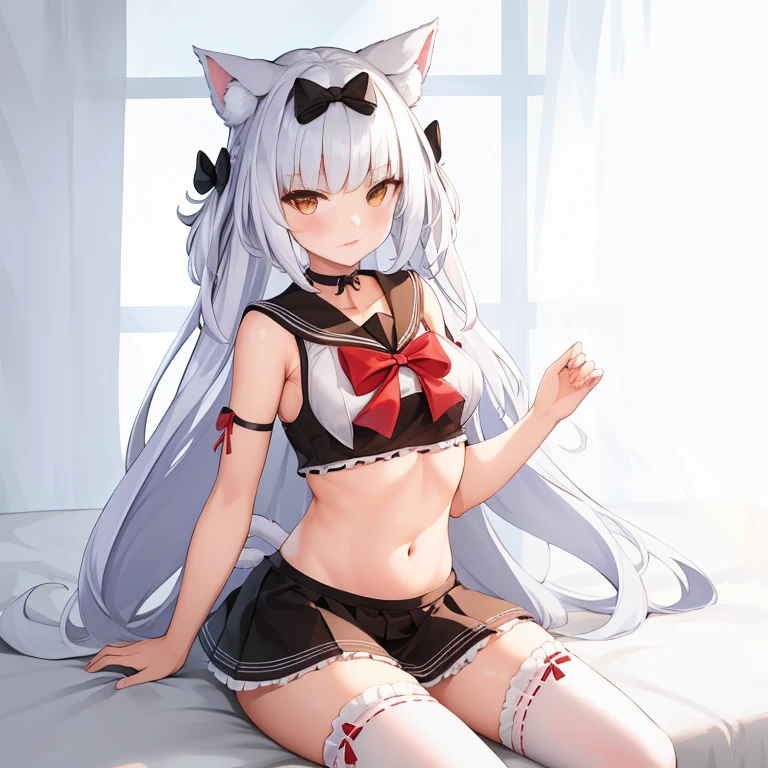 (masterpiece, best quality:1.2),illustration,8k,HD,1 girl,alone,animal_ears,Cat_ears,bow,long_hair,hair_bow,white_hair,Bangs,Moderate_breast,Black_bow,ribbon,direction,Double tail,animal_ear_fluff,Red_Eye,hair bow,navel,white thighhighs,sleeveless tops,sailor collar,mini skirt,arm ribbon,