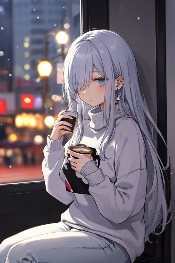 ((masterpiece:1.4, best quality:1.2)), 1girl, solo focus, beautiful skin, blush, grey sweatshirt, long white hair, grey eyes, sitting, earrings, Hands piercing, coffee shop window, night, snowing, cityscape, tall female, beautiful and delicate female, comfy ambience, {detailed background}, hair over one eye, shy, female genitalia