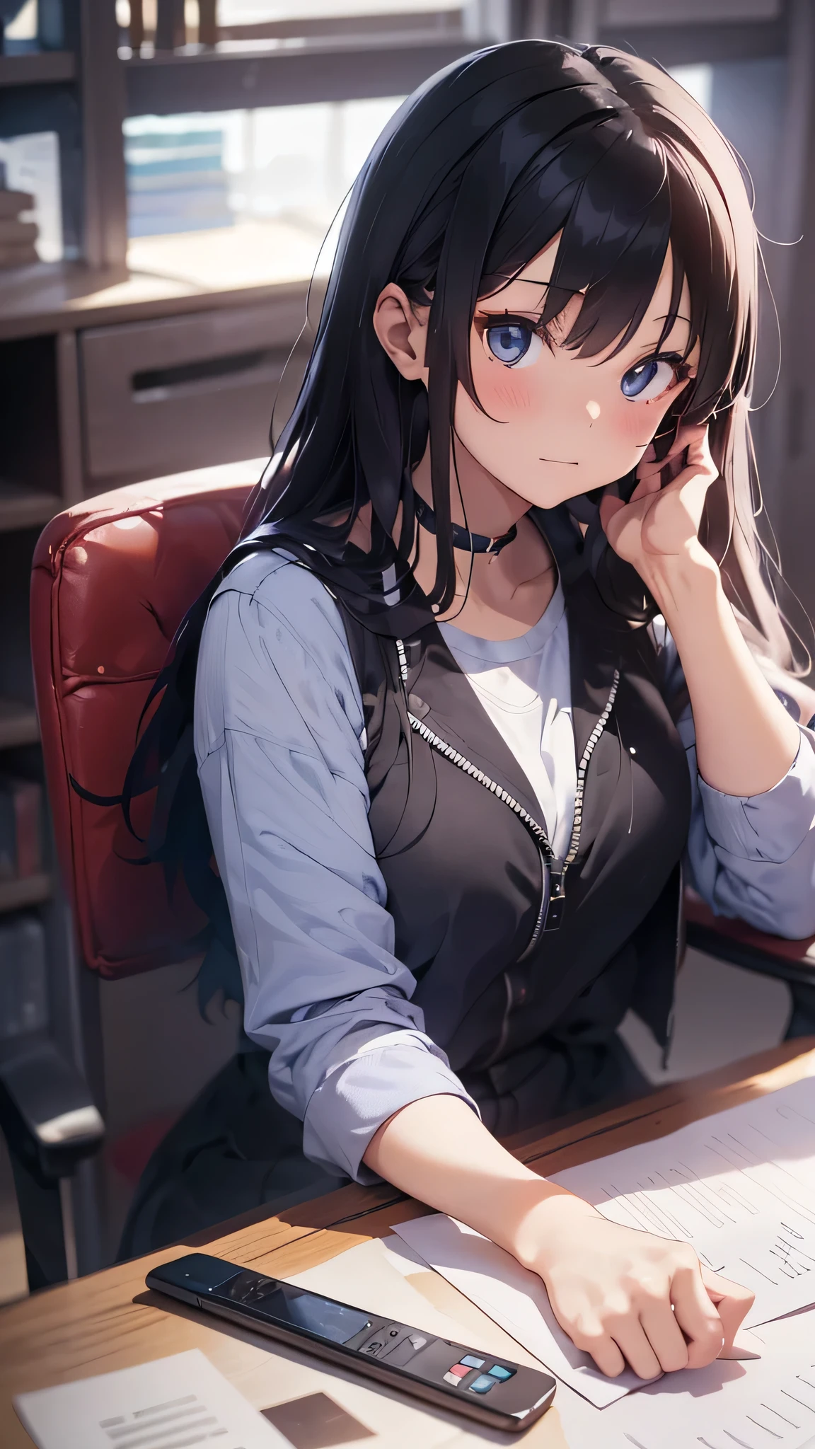 最high quality、best image quality、masterpiece、teenage girl((18-year-old、 By becoming、vest bust、medium bust,wide open breast tea、black eye, gray hair、long hair、thin,highest valley、Black Y-shirt、Black Recruit Suit,Have a document、face forward、sit on a chair、tired face、Using the computer、rest one&#39;s chin on one&#39;s chin、Dark circles in the eyes、dye one&#39;cheeks are red)),high quality、beautiful art、background((company office、Affairs machine、office chair、Laptop、Office at night))debris flies、Depth of written boundary、movie、visual art、perfect art、8K,genuine