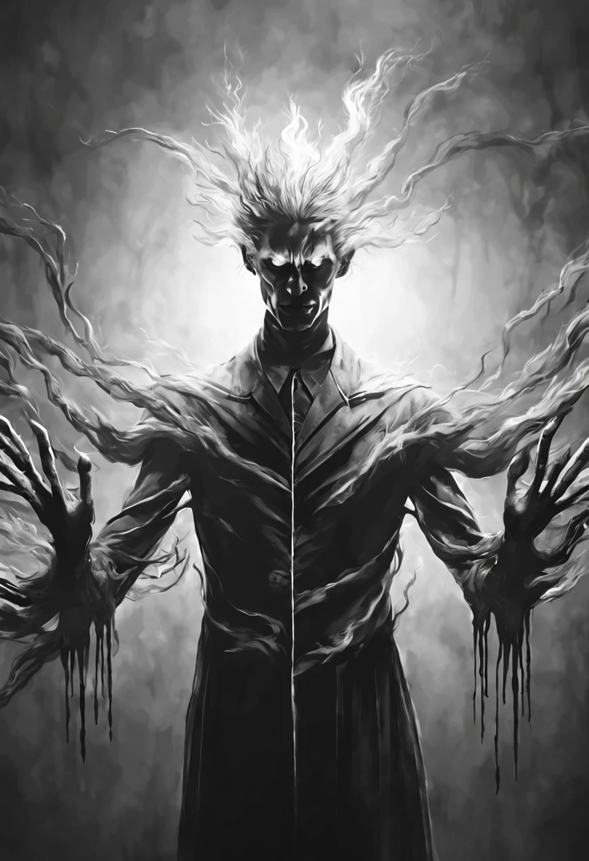 dark creepy man long arms long fingers spooky greyscale