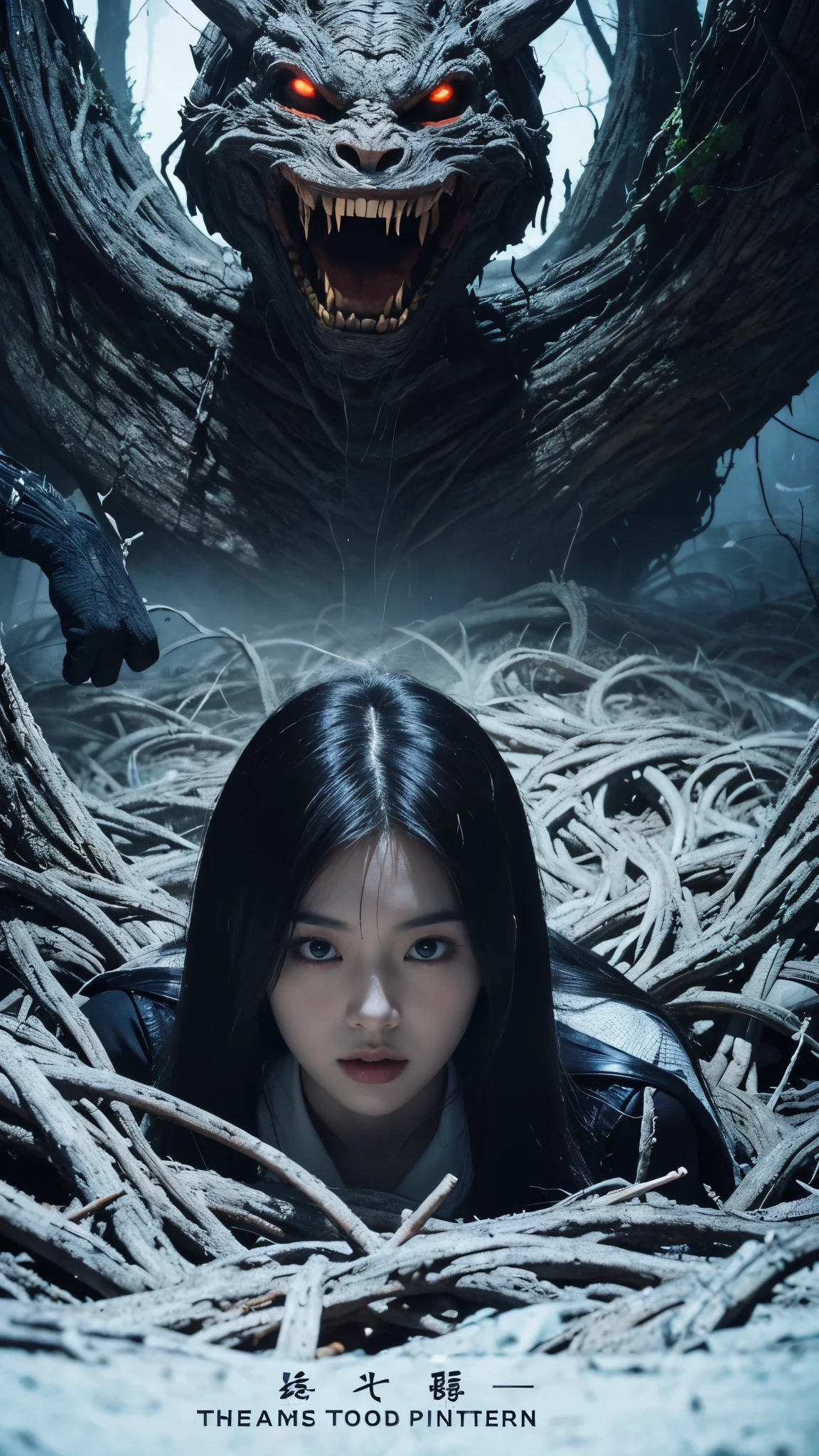 a poster featuring an asian woman with many monsters, in the style of horror manga, nightcore, made of vines, dusty piles, realistic hyper detail, dark white, supernatural realism