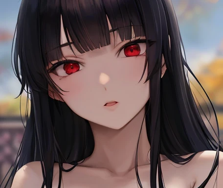 Anime girl with long black hair and red eyes looking at the camera, Estilo Anime, cuerpo completo, saeko , good body,