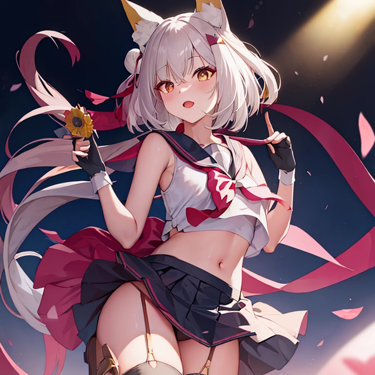 (masterpiece, best quality:1.2),illustration,8k,HD,1 girl,alone,animal_ears,Cat_ears,bow,long_hair,hair_bow,white_hair,Bangs,Moderate_breast,Black_bow,ribbon,direction,Double tail,animal_ear_fluff,Red_Eye,hair bow,navel,white thighhighs,sleeveless tops,sailor collar,mini skirt,arm ribbon,
