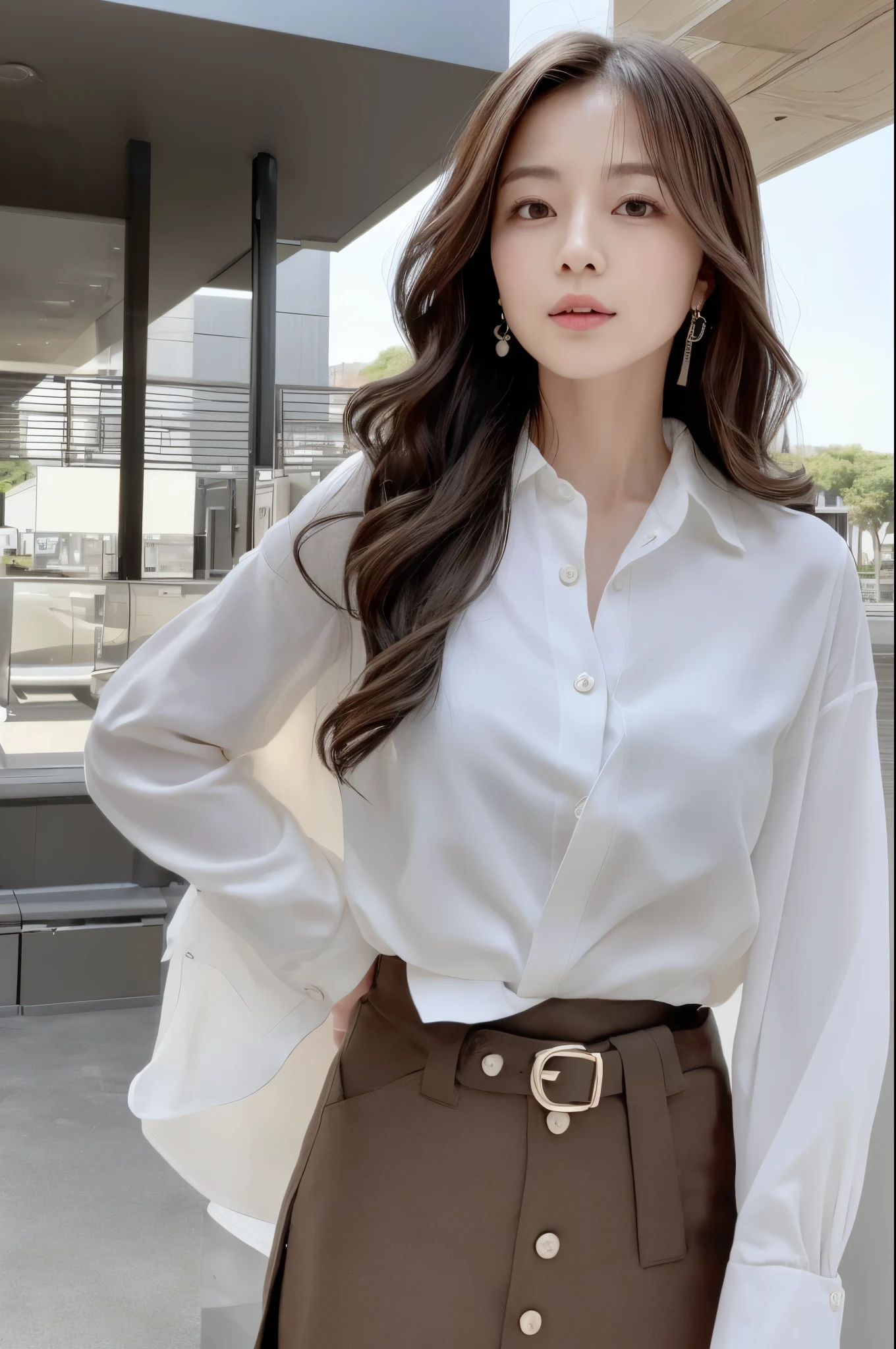 (Best quality, High resolution, Masterpiece :1.3), A Japanese lady, cute face, Slender abs, Dark brown hair styled in loose waves, Small breasts, Very thin waist, Wearing pendant, White button up shirt, Belt, Black skirt, (Modern architecture in background), Details exquisitely rendered in the face and skin texture, Detailed eyes, Double eyelid