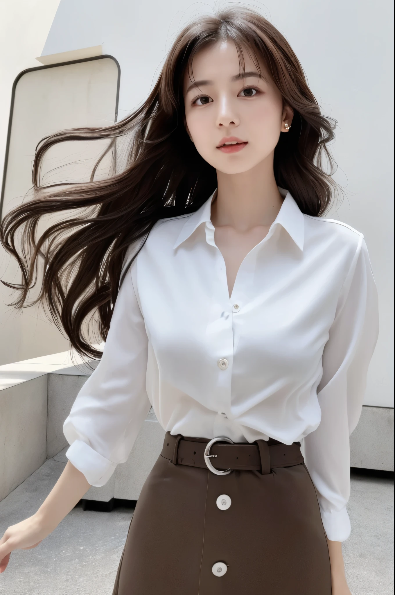 (Best quality, High resolution, Masterpiece :1.3), A Japanese lady, cute face, Slender abs, Dark brown hair styled in loose waves, Small breasts, Very thin waist, Wearing pendant, White button up shirt, Belt, Black skirt, (Modern architecture in background), Details exquisitely rendered in the face and skin texture, Detailed eyes, Double eyelid