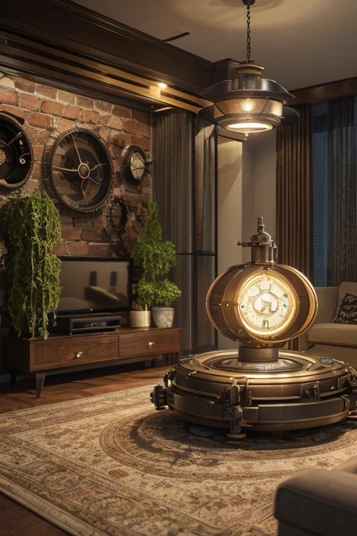 one organic steampunk mechanical scifi ufo sitting on the floor of modern over planted living room with carpet, modern interior, High quality photo, ultra high res, (photorealistic:1.4), cinema lighting, insanely detailed, hyper realistic, fine details, octane render