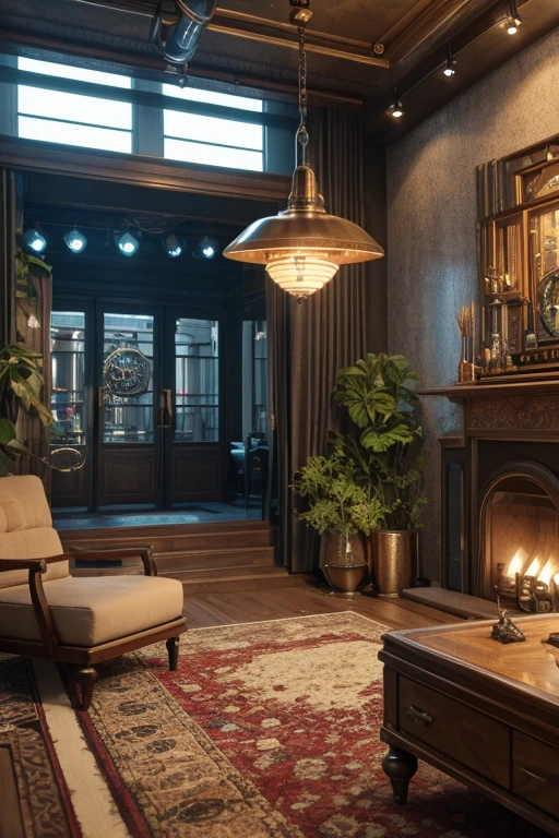 one organic steampunk mechanical scifi ufo sitting on the floor of modern over planted living room with carpet, modern interior, High quality photo, ultra high res, (photorealistic:1.4), cinema lighting, insanely detailed, hyper realistic, fine details, octane render
