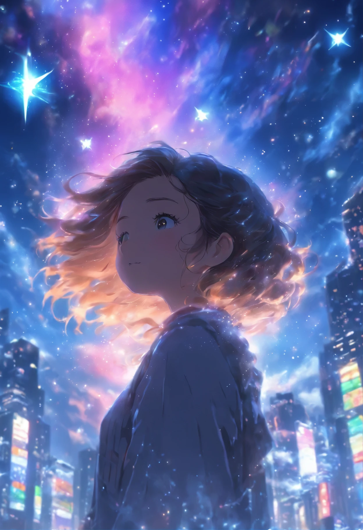 (Masterpiece, highest quality: 1.4), Girl standing with an umbrella, Rain and Umbrella, Sky, Stars (Sky), Landscape, Starry Sky, Night, Night, Outdoors, Buildings, Clouds, Milky Way, Movie Scene. A city at night with falling powder snow. A gentle time. Spectacular landscape of space and starry sky, planets and moon. Back view, soft expression. Wrapped in the soft winter breeze, it is magical and beautiful. over time. Exaggerated identity. Powerful yet gentle. Angle looking up at the earth super delicate, 8K 4K modern animation Perfect composition, octane, sky, stars (sky), scenery, starry sky, night, one girl, night sky, alone, outdoors, buildings, clouds, milky way, sitting , long hair, - style of a beautiful sky scene with stars and planets, space sky. por makoto shinkai, anime art wallpaper 4k, anime art wallpaper 4k, anime art wallpaper 8k, 4k anime wallpaper, anime wallpaper 4k, 4k anime wallpaper, anime sky, amazing wallpaper on paper, anime background, heavenly planets in the background, anime background art,