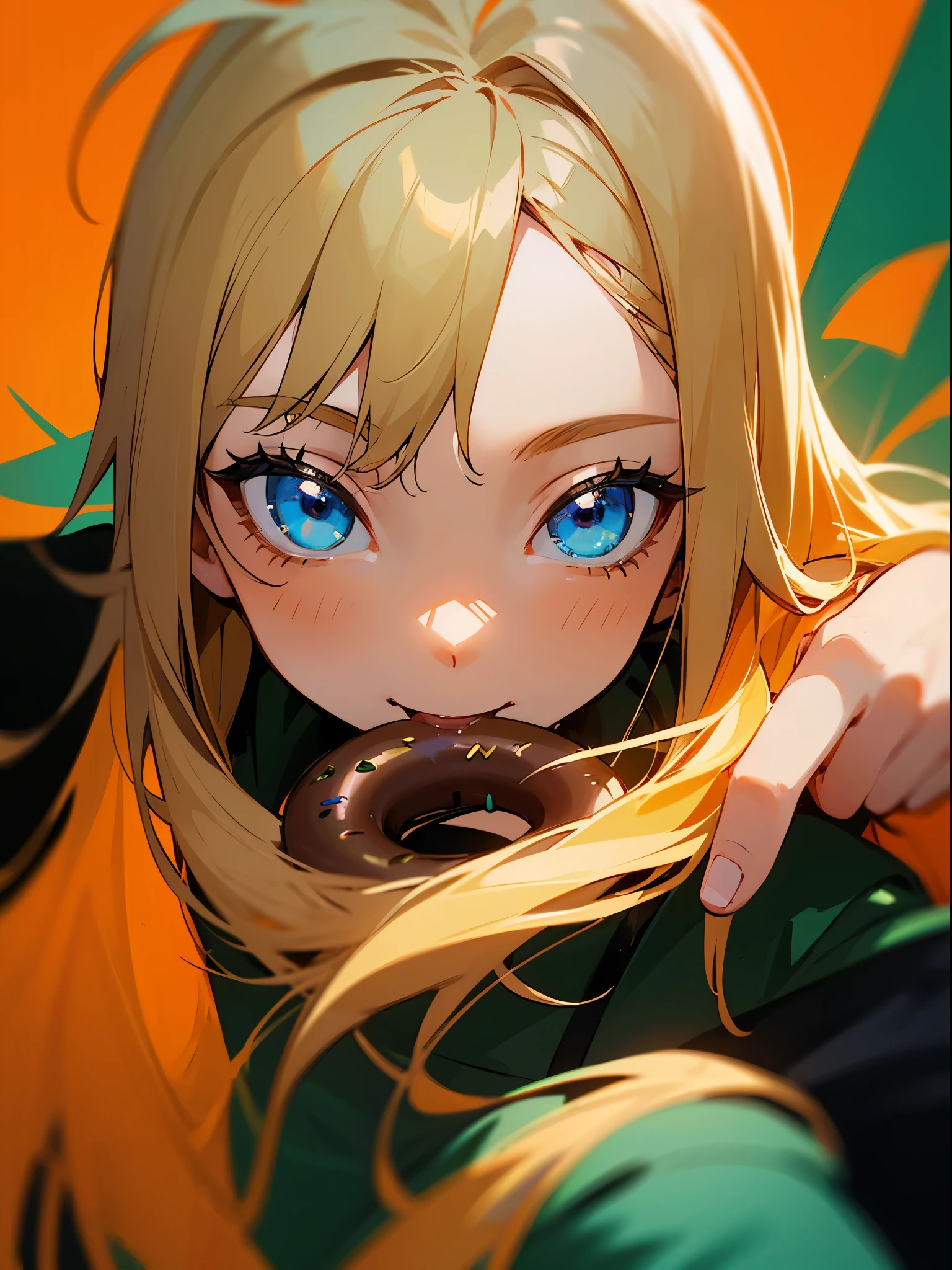 Portrait of one person、20 year old woman、smile、impression、(oil)、Green and orange tones、string maki、hairpin、blonde、long hair、(shining blue eyes)、Ahoge、eating a donut