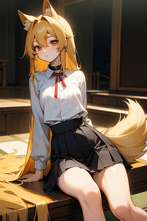 An adorable 16 year old Japanese girl with bushy, back-length golden hair and big, golden eyes. She has the ears of a Golden Retriever on top of her head and the tail of a Golden Retriever coming out of her tailbone. Her waist, and arms are slim while her legs are long, slender and shapely. She's wearing a white formal shirt with a red ribbon at the collar, a black pleated skirt, black knee high socks and black sports sneakers. She's sitting in a modern indoors environment.