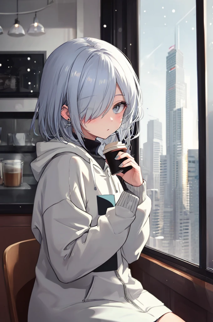 ((masterpiece:1.4, best quality:1.2)), 1girl, solo focus, beautiful skin, blush, grey sweatshirt, long white hair, grey eyes, sitting, earrings, Hands piercing, coffee shop window, night, snowing, cityscape, tall female, beautiful and delicate female, comfy ambience, {detailed background}, hair over one eye, shy, sexy female genitalia