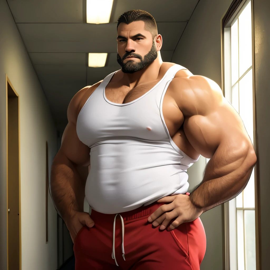 (highest quality:1.5), (masterpiece:1.5), (High School Hallway:1.2), window, (Japanese:1.5), round face, short beard, solo, white tank top, red jersey pants, male, (macho:1.3), (huge body:1.5), 42 years old, crew cut, Are standing, displeased look, Hands on hips, shoot from front
