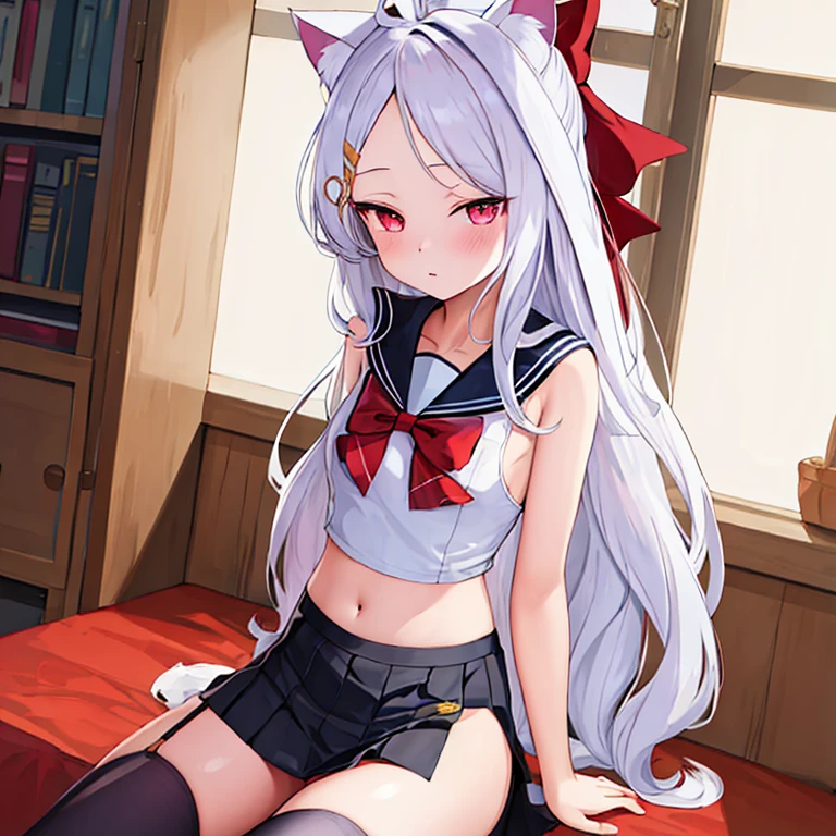 (masterpiece, best quality:1.2),illustration,8k,HD,1 girl,alone,animal_ears,Cat_ears,bow,long_hair,hair_bow,white_hair,Bangs,Moderate_breast,Black_bow,ribbon,direction,Double tail,animal_ear_fluff,Red_Eye,hair bow,navel,white thighhighs,sleeveless tops,sailor collar,mini skirt,arm ribbon,