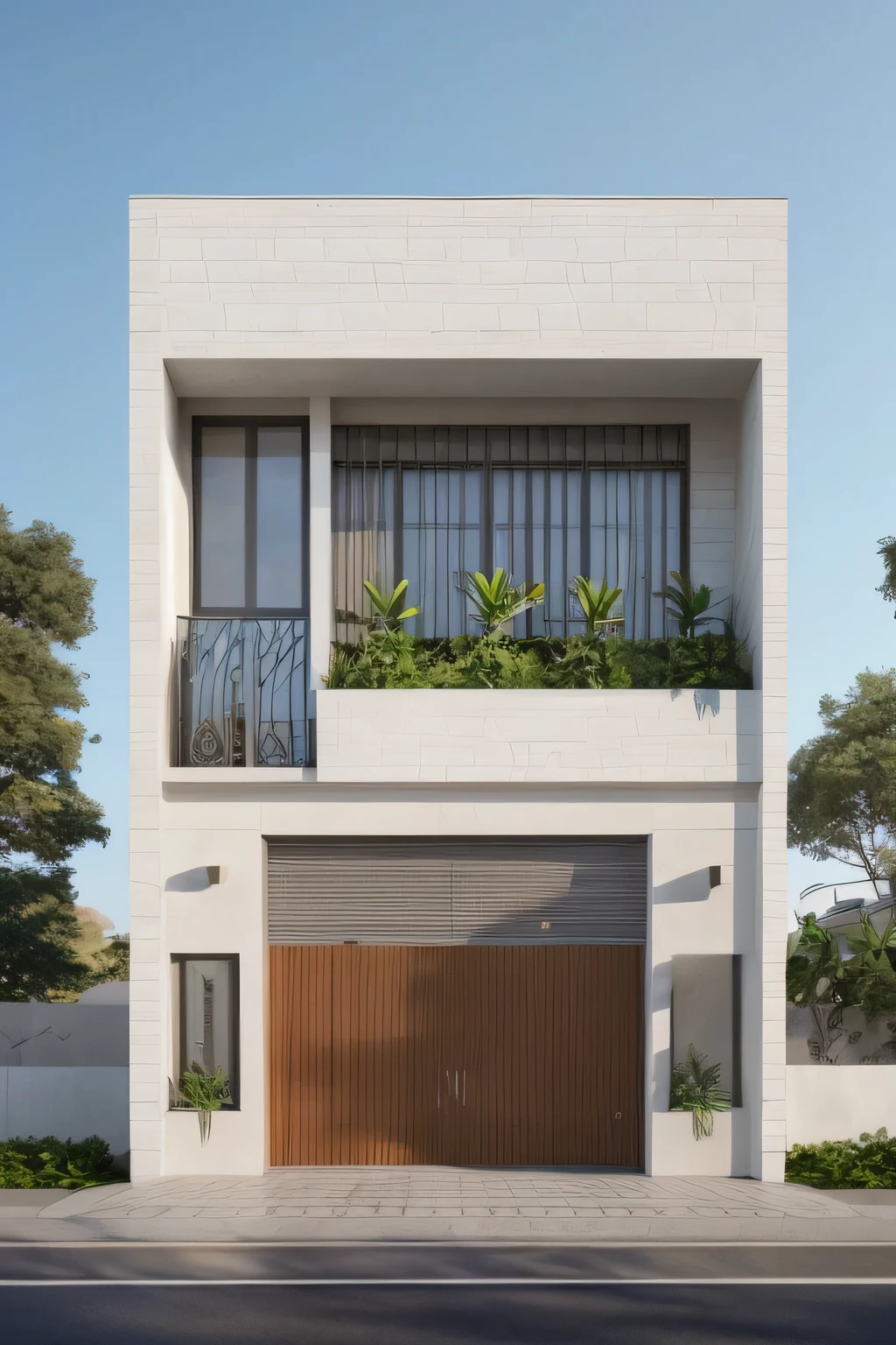 a drawing of a building with a planter on the side of it, street elevation, elevation view, front elevation view, front elevation, 3d side view, building facing, architectural section, high detail drawing, flat drawing, architectural plan, orthographic front view, accurately drawn details, architectural drawing, 3 d render, complete house, side elevation, front-view, (Main rolling door :1), (Second floor window:1) , Marble decoration, glass railing , a road in front of house