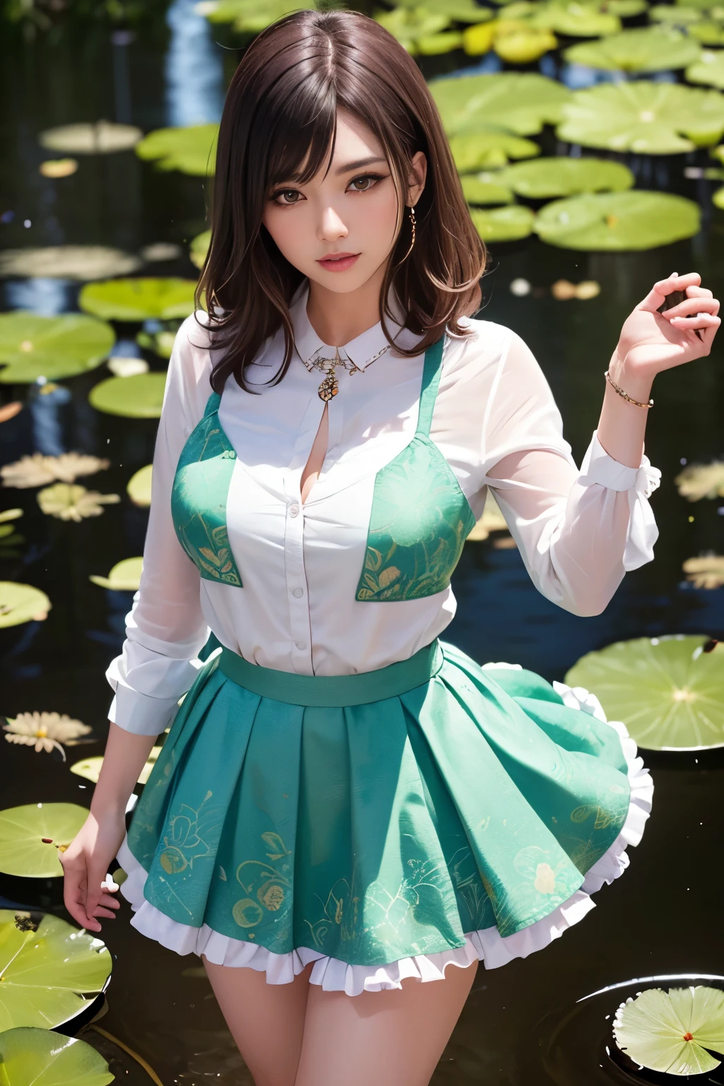 Kyoto Animation stylized anime ~ A Gorgeous brunette, white shirt, green flowery pattern skirt, walking along a lively pond with lily pads. Cinematic Lighting, ethereal light, intricate details, extremely detailed, incredible details, full colored, complex details, insanely detailed and intricate, hypermaximalist, extremely detailed with rich colors. masterpiece, best quality, aerial view, HDR, UHD, unreal engine. plump looking at the camera, smooth thighs, (glittery jewelry) ((acrylic illustration, by artgerm, by kawacy, by John Singer Sargent) dark Fantasy background, glittery jewelry, Representative, fair skin, beautiful face, Rich in details High quality, gorgeous, glamorous, 8k, super detail, gorgeous light and shadow, detailed decoration, detailed lines