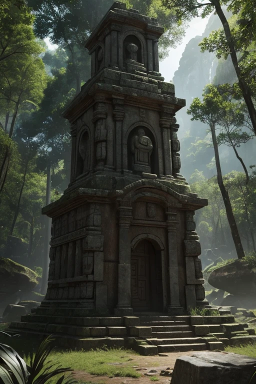 there is a stone statue in the middle of a forest, stone eyes, oxaguian 3d epic, still from the movie 'tomb raider', by Simon de Vlieger, ancient sacred architecture, monstrous mask, anamorphic widescreen, photorealistic-n 9, neoandean architecture, ps 2 graphics, today's featured photography 4k, psytrance