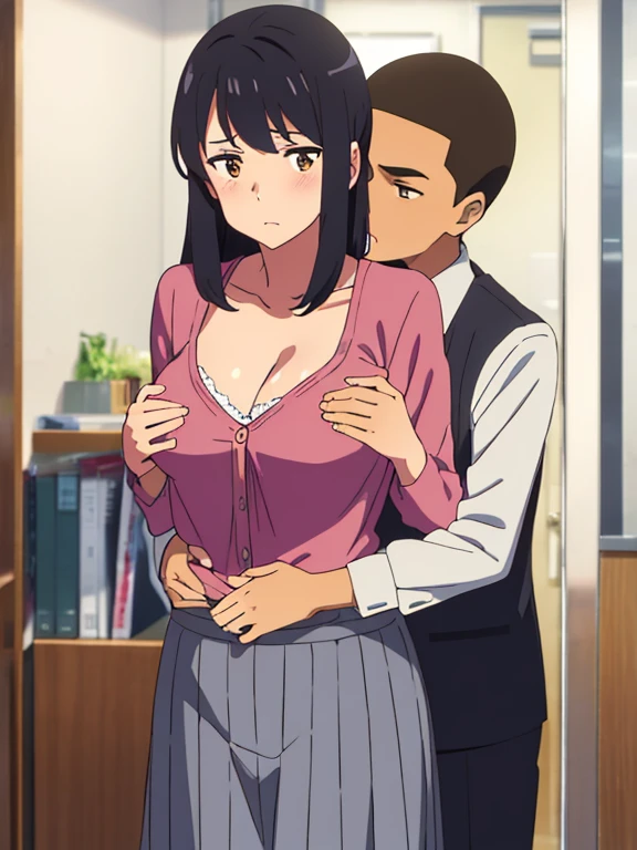 shinkai makoto, kimi no na wa., 1boy, buzzcut,office suit, boy caressing girl's body, kiss cheeks, passionate hug, boy is hugging from behind, breast groping from behind, 1girl, bangs, black hair, brown eyes, Twisted Half Up, red ribbon, long hair, yellow blouse, open shirt, unbuttoned shirt, pink bra, cleavage, breast, medium breast, long gray skirt, storage room, indoors, masterpiece, perfect anatomy, cowboyshot