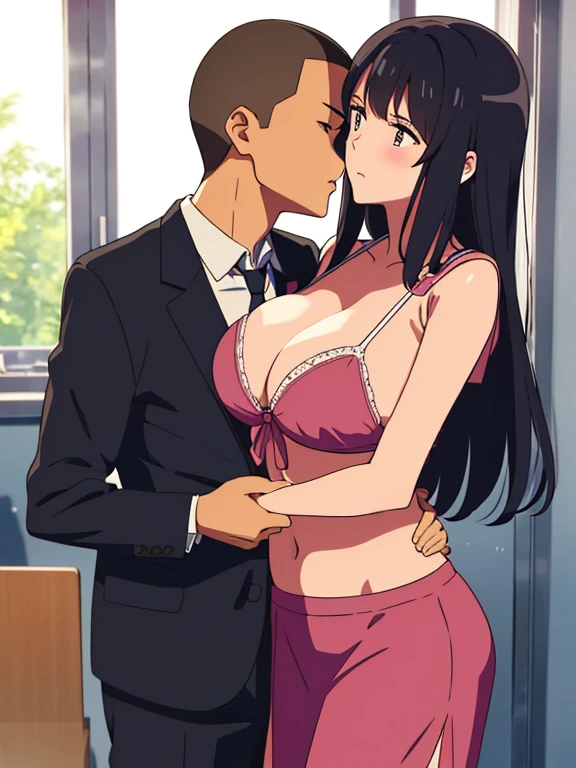 shinkai makoto, kimi no na wa., 1boy, buzzcut,office suit, boy caressing girl's body, kiss cheeks, passionate hug, boy is hugging from behind, breast groping from behind, 1girl, bangs, black hair, brown eyes, Twisted Half Up, red ribbon, long hair, yellow blouse, open shirt, unbuttoned shirt, pink bra, cleavage, breast, medium breast, long gray skirt, storage room, indoors, masterpiece, perfect anatomy, cowboyshot