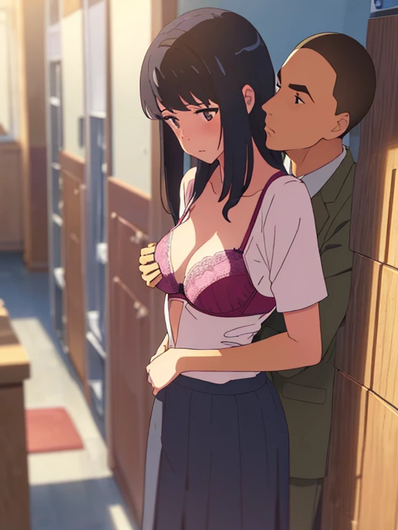 shinkai makoto, kimi no na wa., 1boy, buzzcut,office suit, boy caressing girl's body, kiss cheeks, passionate hug, boy is hugging from behind, breast groping from behind, 1girl, bangs, black hair, brown eyes, Twisted Half Up, red ribbon, long hair, yellow blouse, open shirt, unbuttoned shirt, pink bra, cleavage, breast, medium breast, long gray skirt, storage room, indoors, masterpiece, perfect anatomy, cowboyshot