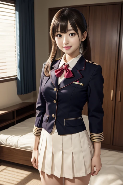 Black Eyes, 1 woman, (female)), solo, real, top quality, photorealistic, masterpiece, 8K, HDTV, solo, hdtv face, soft lighting, bedroom, ((daytime)), sky, (looking at camera), (portrait: 0.6), full-body, (medium hair), ponytail, brown hair, floating hair, lips, lipstick, seductive smile, Floating hair, smile, open mouth, teeth, eyelashes, Nogizaka 46, Moeka Tada, Akari Suda, idol, beautiful girl, ((uniform)), (((standing))