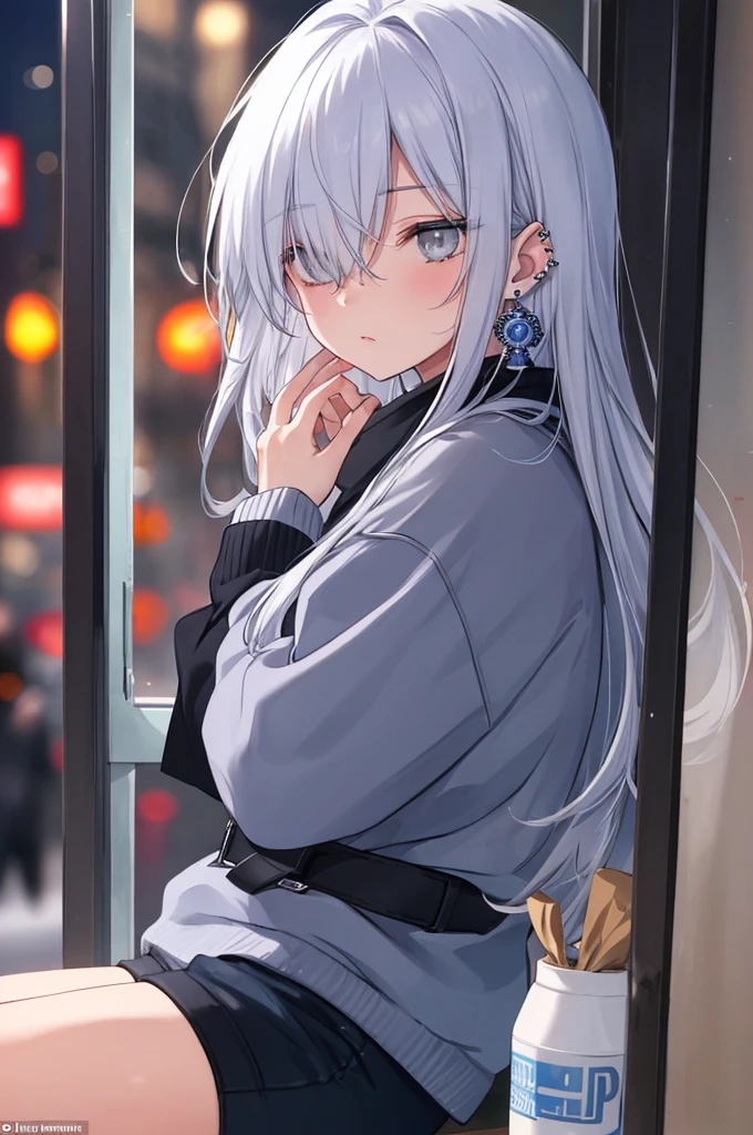 ((masterpiece:1.4, best quality:1.2)), 1girl, solo focus, beautiful skin, blush, grey sweatshirt, long white hair, grey eyes, sitting, earrings, Hands piercing, coffee shop window, night, snowing, cityscape, tall female, beautiful and delicate female, comfy ambience, {detailed background}, hair over one eye, shy, sexy female genitalia