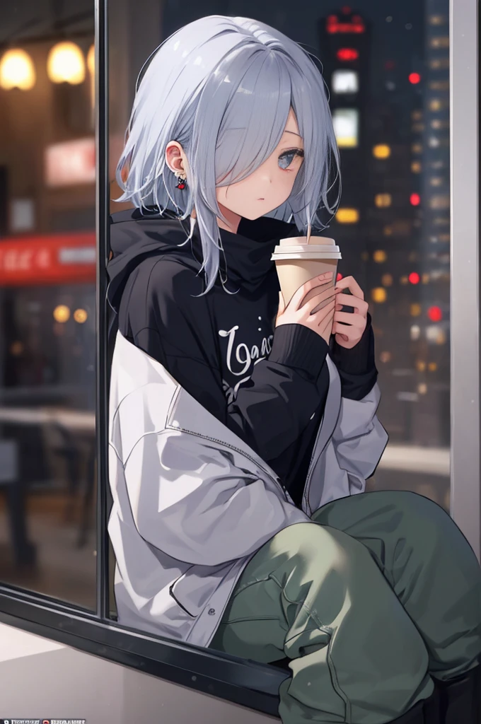 ((masterpiece:1.4, best quality:1.2)), 1girl, solo focus, beautiful skin, blush, grey sweatshirt, long white hair, grey eyes, sitting, earrings, Hands piercing, coffee shop window, night, snowing, cityscape, tall female, beautiful and delicate female, comfy ambience, {detailed background}, hair over one eye, shy, sexy female genitalia