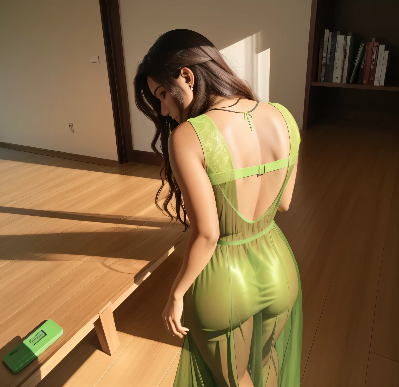 there is a woman in a green dress standing on the brown floor, hot   Garota, translucent dress, tocando suas roupas, vestido aberto, see through the dress, photo from behind,  Garota, usando um vestido verde neon, photo from behind, curvando-se, usando meias. vista lateral, tiro lateral, Muito magro, 8k.