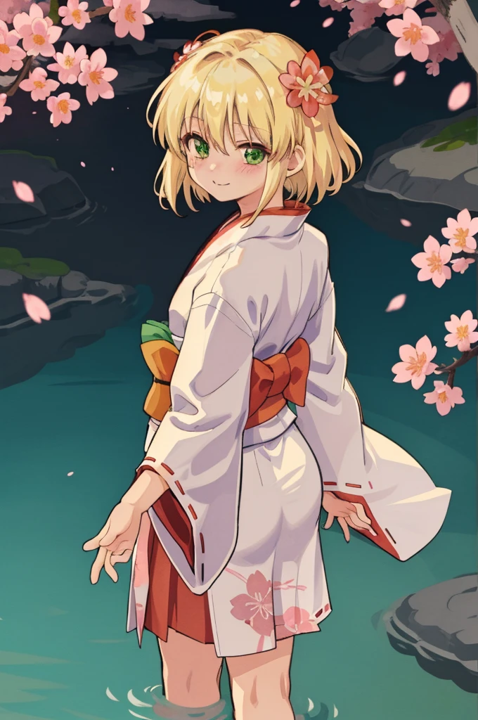 1 girl, alone, kimono, green eyes, outdoor, blonde hair, smile, in the same way, Miko, pink flower, skirt, wide sleeve, hair ornaments, in the same way skirt, red in the same way, long sleeve, blush, Day, bangs, closed mouth, flower, looking at the viewer, hair flower, wood, kimono, cherry blossoms, white kimono, ribbon trimの袖, hair between eyes, ribbon trim, short hair, chest, Are standing, Raise your hand, 