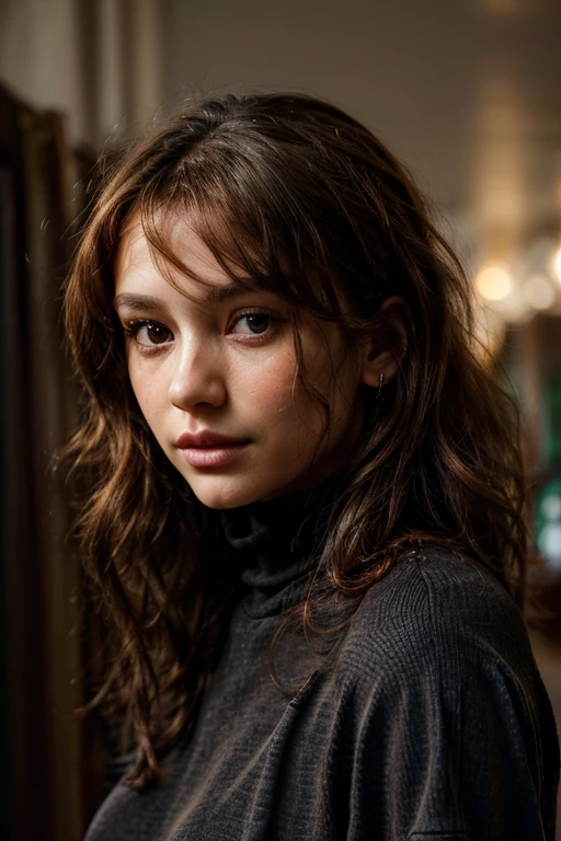 Medium distance photo of shy woman with curly hair, radiant brown eyes, perfect face and eyes, Soft portrait photographed in 8K, Medium distance photo of perfect face, portrait of Sophie Mudd with stunning brown eyes, Beautiful face portrait, girl with brown eyes, perfect face), medium distance portrait showing full face and hair, beautiful portrait image, Wearing black turtleneck t-shirt, jeans, with brown eyes, Full image, Irish coffee background, very blurred, with only highlights and indistinct shadows, Full image
