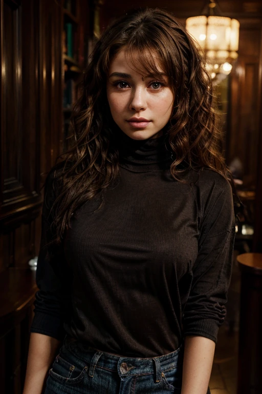 Medium distance photo of shy woman with curly hair, radiant brown eyes, perfect face and eyes, Soft portrait photographed in 8K, Medium distance photo of perfect face, portrait of Sophie Mudd with stunning brown eyes, Beautiful face portrait, girl with brown eyes, perfect face), medium distance portrait showing full face and hair, beautiful portrait image, Wearing black turtleneck t-shirt, jeans, with brown eyes, Full image, Irish coffee background, very blurred, with only highlights and indistinct shadows, Full image
