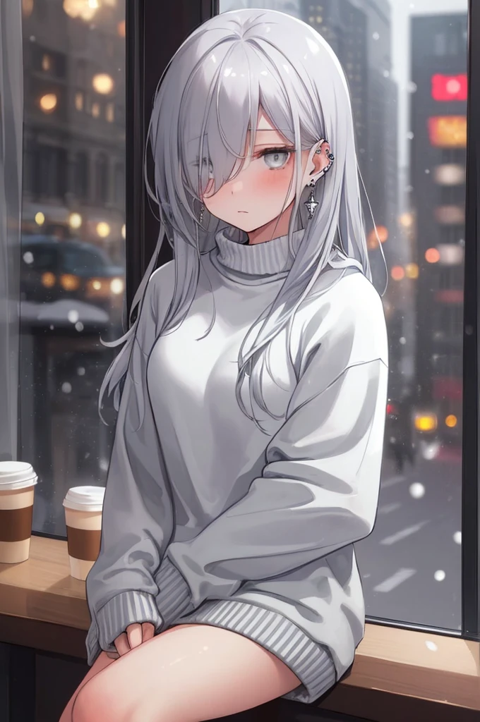 ((masterpiece:1.4, best quality:1.2)), 1girl, solo focus, beautiful skin, blush, grey sweatshirt, long white hair, grey eyes, sitting, earrings, Hands piercing, coffee shop window, night, snowing, cityscape, tall female, beautiful and delicate female, comfy ambience, {detailed background}, hair over one eye, shy, sexy female genitalia