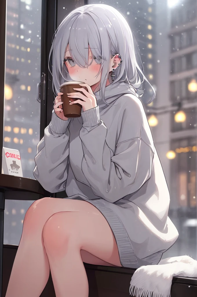((masterpiece:1.4, best quality:1.2)), 1girl, solo focus, beautiful skin, blush, black sweatshirt, long white hair, grey eyes, sitting, earrings, Hands piercing, coffee shop window, night, snowing, cityscape, tall female, beautiful and delicate female, comfy ambience, {detailed background}, I'm not wearing panties, hair over one eye, shy, Not wearing underwear, sexy, naked, Your genitals are visible, spread your leg
