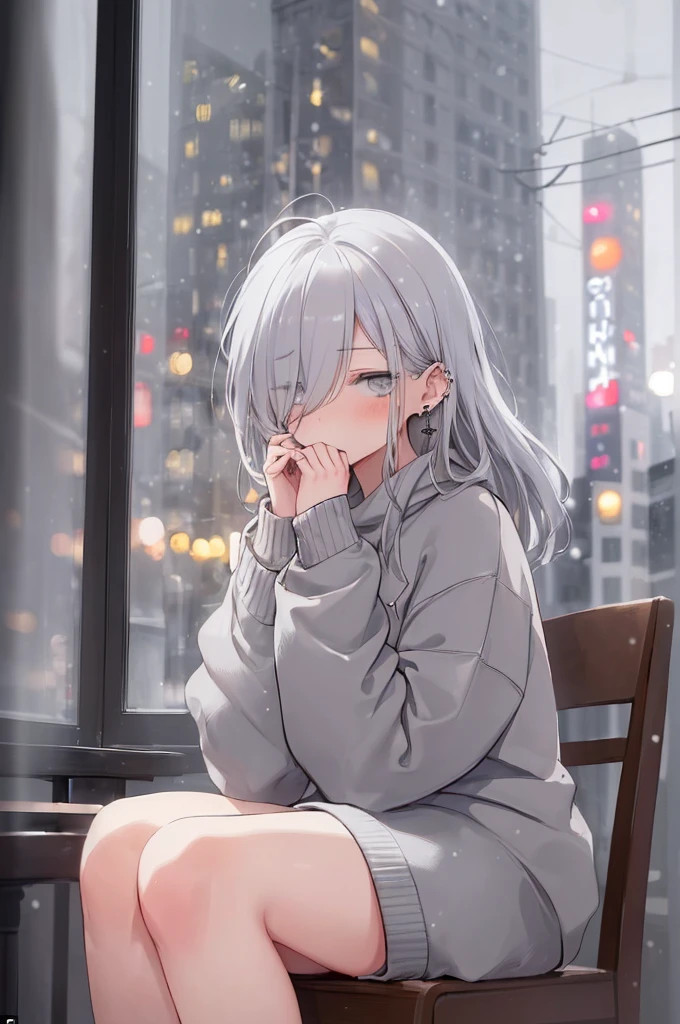 ((masterpiece:1.4, best quality:1.2)), 1girl, solo focus, beautiful skin, blush, grey sweatshirt, long white hair, grey eyes, sitting, earrings, Hands piercing, coffee shop window, night, snowing, cityscape, tall female, beautiful and delicate female, comfy ambience, {detailed background}, hair over one eye, shy, sexy female genitalia
