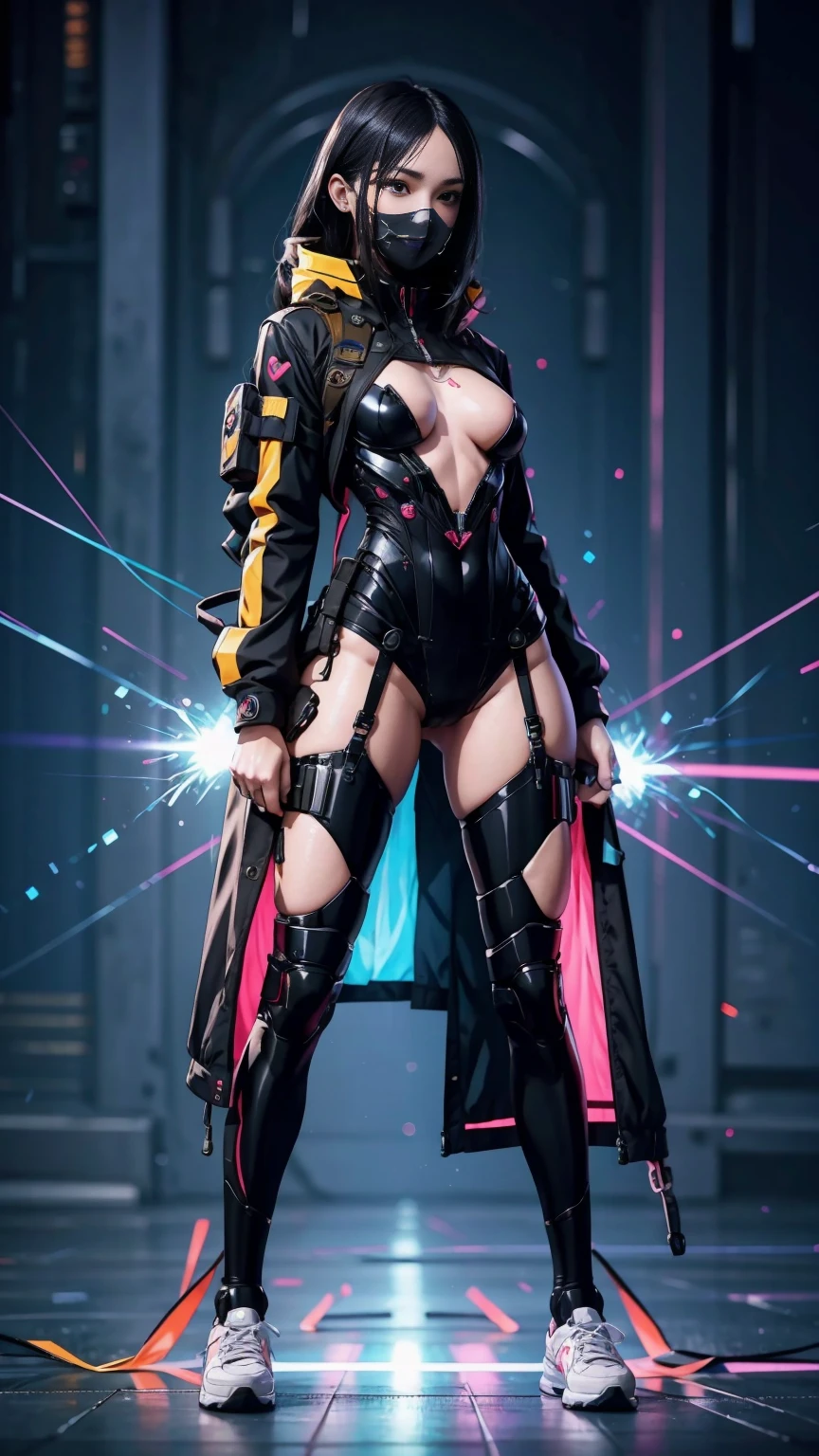 A (Ultra-Detailed) And Very Intricate ((Full Body Portrait)) Of A Caucasian Anime Manga Spy Goddess With Long Black Hair, (Small Breasts), Sneakers, hearts, Standing In A ((Dynamic-Pose)), Holding A Futuristic Oversized Assault Rifle With A Silencer, She Is Wearing A Futuristic Sexy Fashion Bikini Under A Long Dark High-Tech Trenchcoat, Sassy Vigilante, (Exquisite Body), Iridescent Rainbow Glowing Particles Floating Everywhere, Soft Lighting, Vivid Lighting, (Highly Detailed Visual Depth), Sharp Camera Focus, (Maximum-Quality), 8kuhd, {Upscaled:4x}.