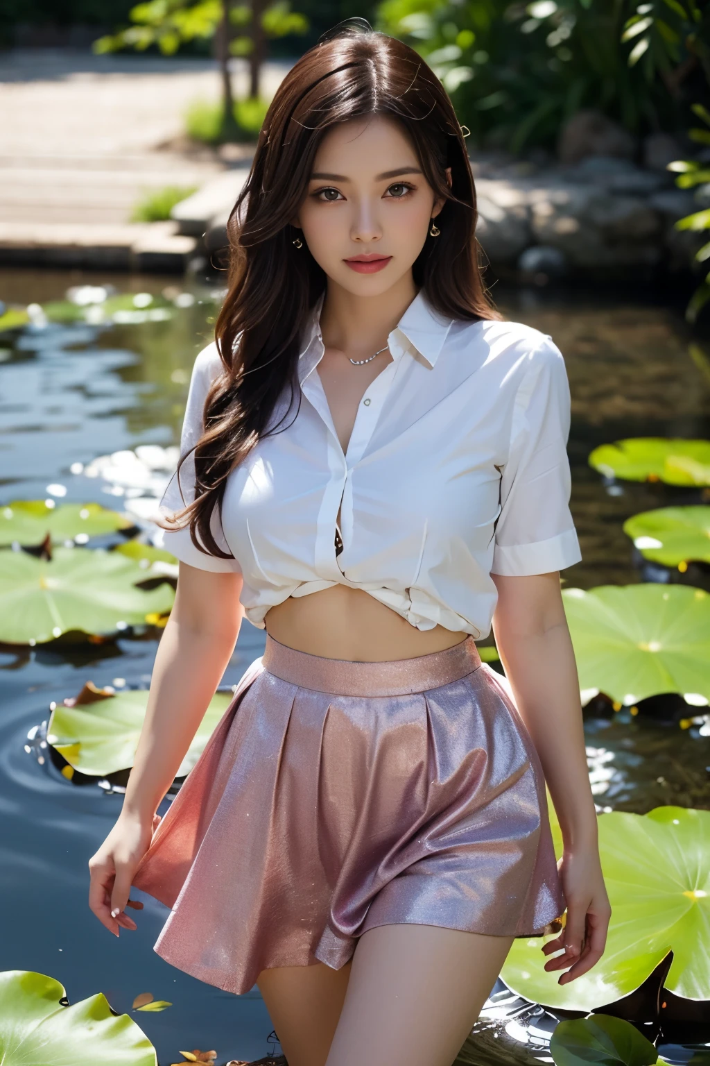 Kyoto Animation stylized anime ~ A Gorgeous brunette, white shirt, green flowery pattern skirt, walking along a lively pond with lily pads. Cinematic Lighting, ethereal light, intricate details, extremely detailed, incredible details, full colored, complex details, insanely detailed and intricate, hypermaximalist, extremely detailed with rich colors. masterpiece, best quality, aerial view, HDR, UHD, unreal engine. plump looking at the camera, smooth thighs, (glittery jewelry) ((acrylic illustration, by artgerm, by kawacy, by John Singer Sargent) dark Fantasy background, glittery jewelry, Representative, fair skin, beautiful face, Rich in details High quality, gorgeous, glamorous, 8k, super detail, gorgeous light and shadow, detailed decoration, detailed lines