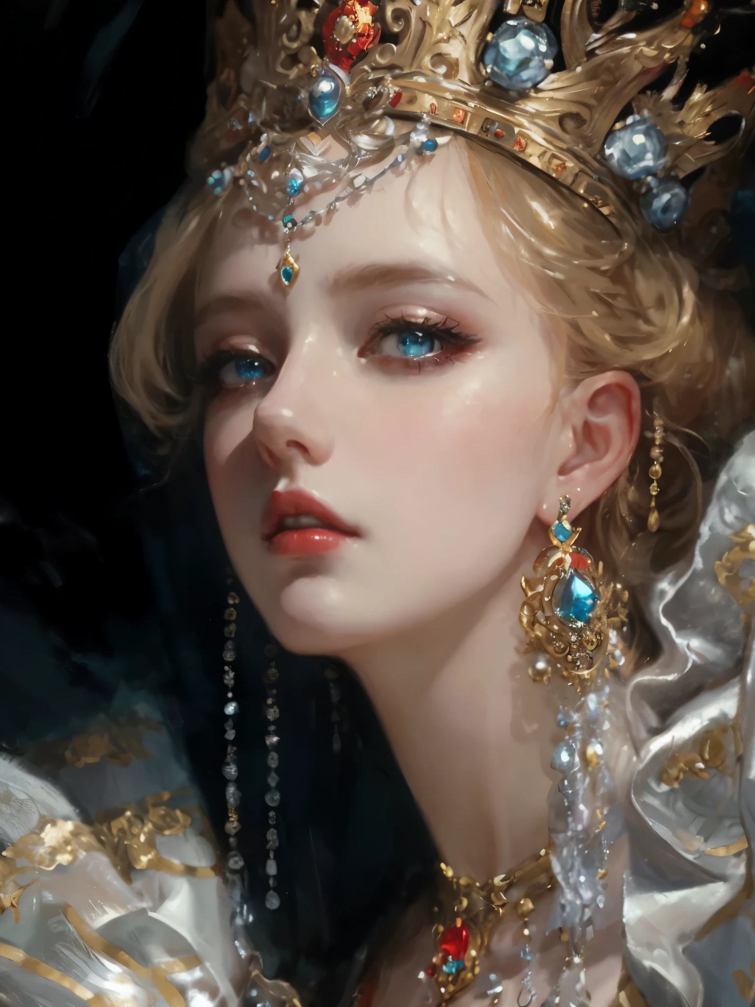 wearing a crown、Painting of woman wearing tablecloth, beautiful fantasy queen, guweiz style artwork, Gurwitz Masterpiece, guweiz, ((beautiful fantasy queen)), guweiz on pixiv artstation, 8k high quality detailed art, beautiful figure painting, Detailed 4 K, guweiz on artstation pixiv