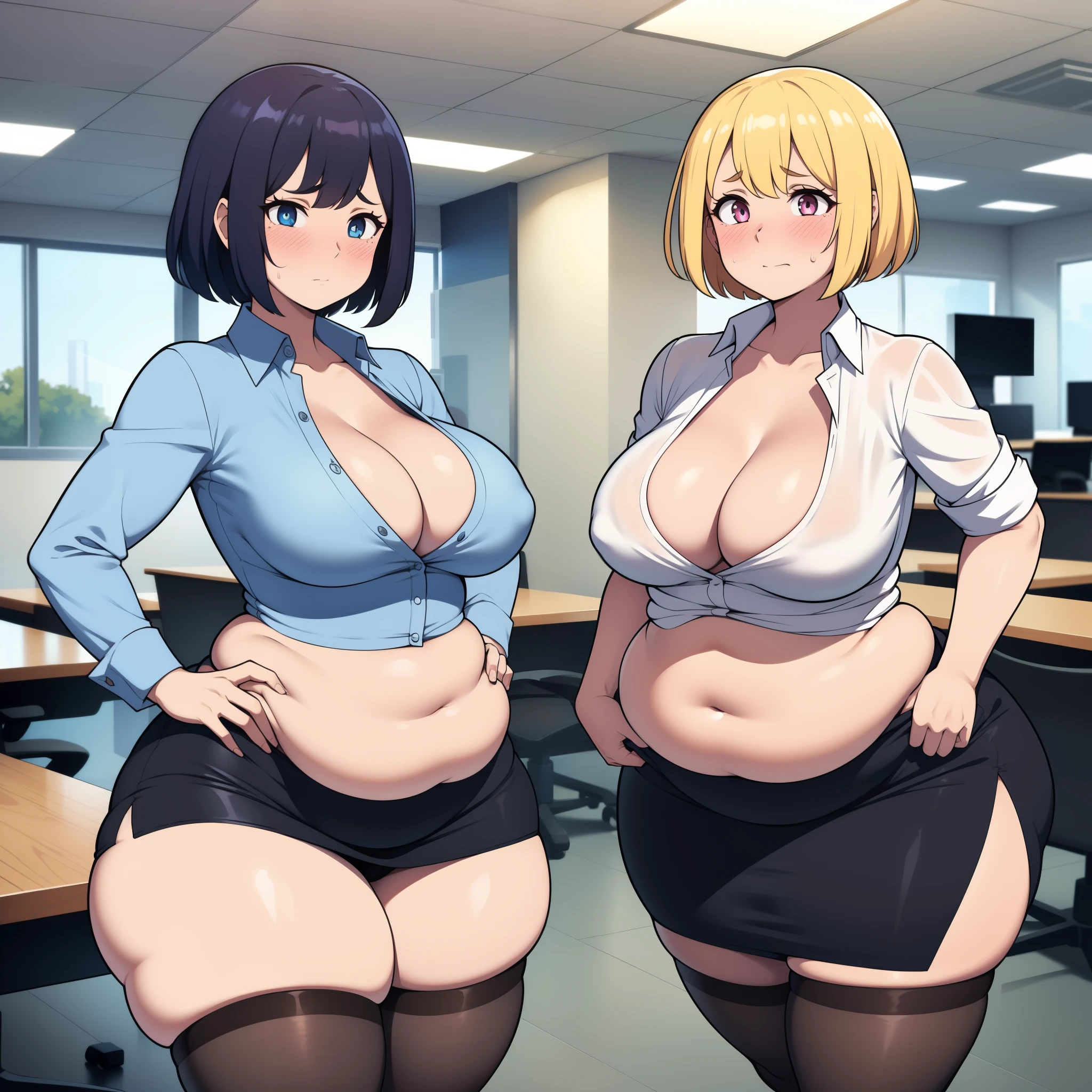 , ((highres)),Masterpiece, high quality, best quality, beautiful, perfect lighting, detailed face, ultra cute face, ((2girls)), embarrassed look, ((blush)), looking at viewer, hand on hip, standing in office, (office), daytime, dress shirt, pencil skirt, (tight clothes), (chubby), chubby belly, (thigh highs), (wide hips), ((thick thighs)), medium breasts, cleavage, perky breasts, standing next to each other,