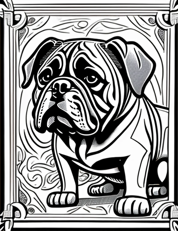 a Bulldog dog, Fantasia, magical, mystic, incomum, Preto e branco, linhas onduladas, desenho de arte de linha realista, book coloring page, sem barulho, sharp thick lines, Arte de contorno, imagem centralizada, isolado em um fundo branco