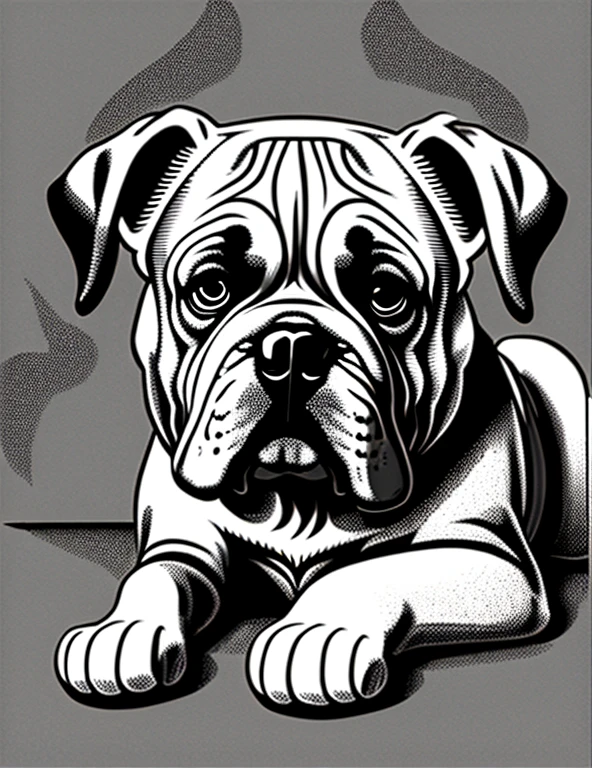 a Bulldog dog, Fantasia, magical, mystic, incomum, Preto e branco, linhas onduladas, desenho de arte de linha realista, book coloring page, sem barulho, sharp thick lines, Arte de contorno, imagem centralizada, isolado em um fundo branco