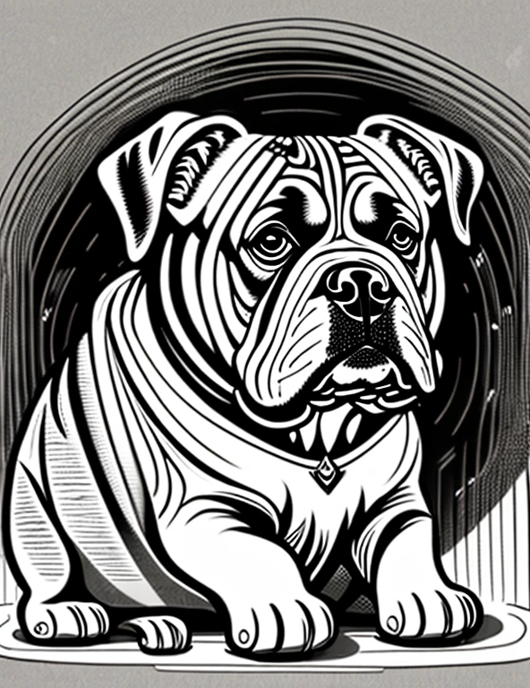 a Bulldog dog, Fantasia, magical, mystic, incomum, Preto e branco, linhas onduladas, desenho de arte de linha realista, book coloring page, sem barulho, sharp thick lines, Arte de contorno, imagem centralizada, isolado em um fundo branco  