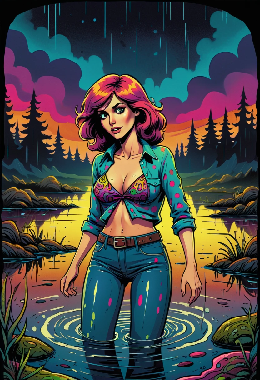 (cartoon,masterpiece:1.2),70s setting,woman,wearing soaking wet muddy jeans,experiences sexual tension,drowning in bog,colorful psychedelic patterns,retro atmosphere,dark ambiance, sexual ecstasy