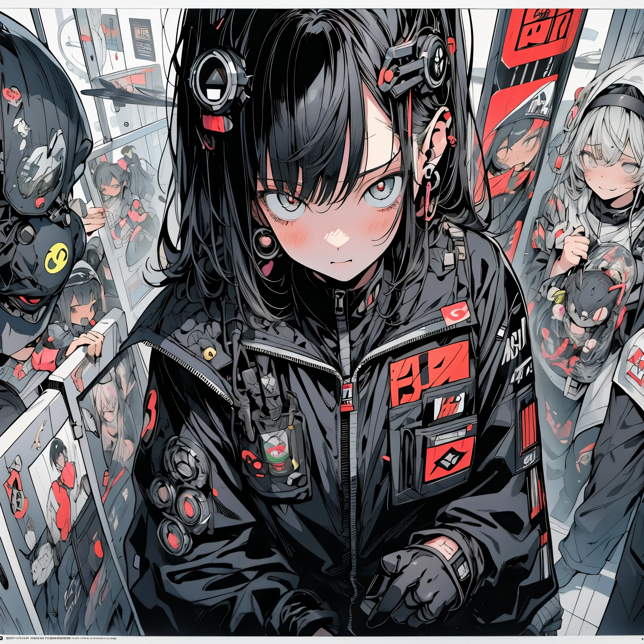 Manga magazine cover,  bonito:1.2, roupas Techwear, Mechanical spider, Cabos, engrenagens, circles, fractais, art-station, CGSetnação, arte Carlos Meglia