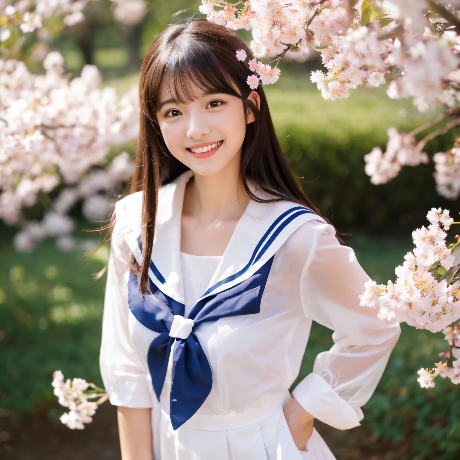 (See-through:1.3),White Serafuku,sailor dress, white theme,school uniform, sailor suit, looking at the viewer,  Insanity, messy long hair, beautiful and fine eyes,shine of hair,elevation angle,blue sailor collar, perky chest,light smile,cherry blossoms