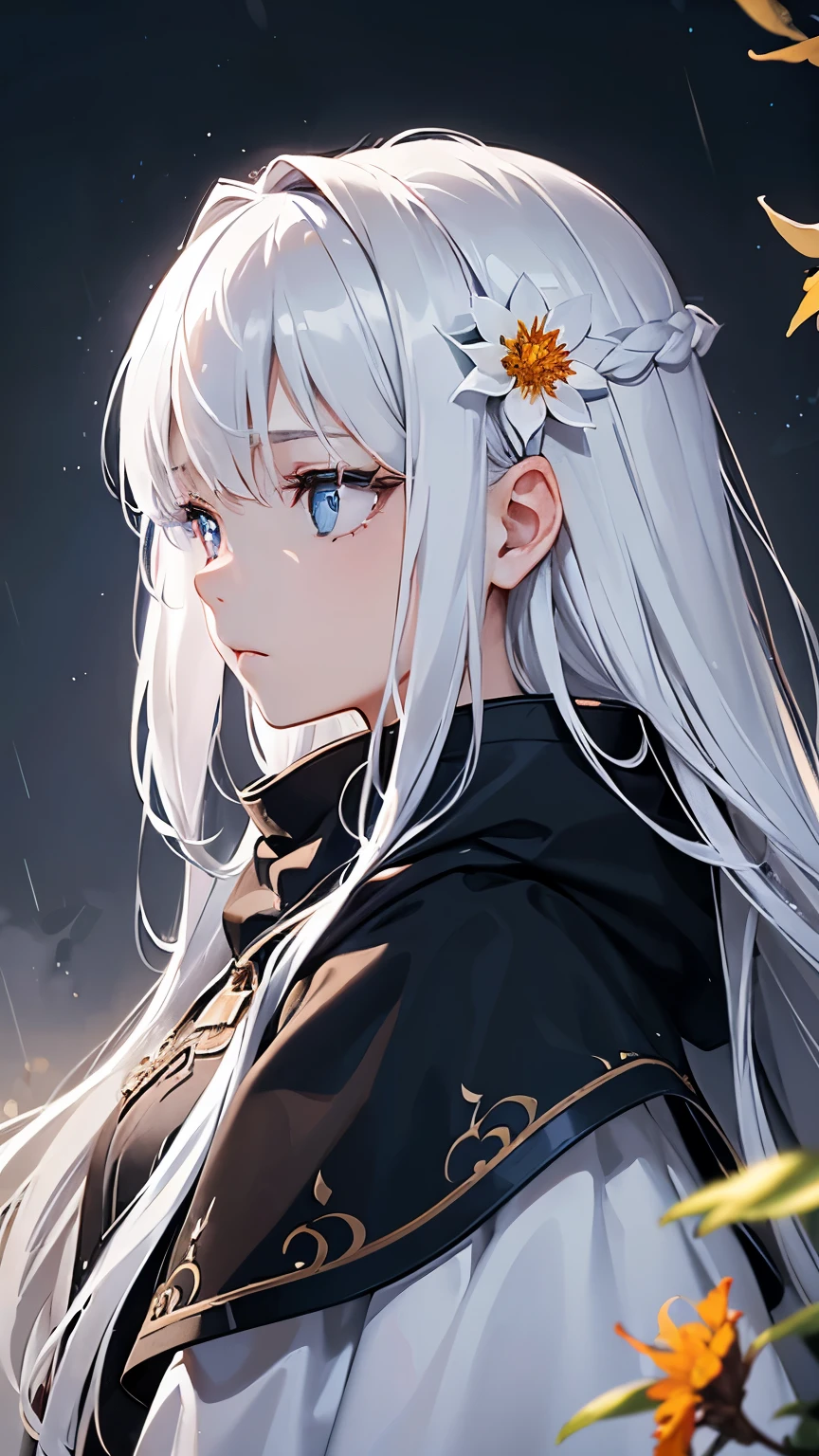1 girl,alone,1 girl,alone,((Beautiful and delicate eyes)), (detail light),depth of field,(white hair),silver eyes,hair covering one eye,(safflower ), hair flower,long hair,black cloak,wet,emotionless,look back,night,Starfall,rain,FOG,safflowers falling,sketch,Upper body,intense shading,
