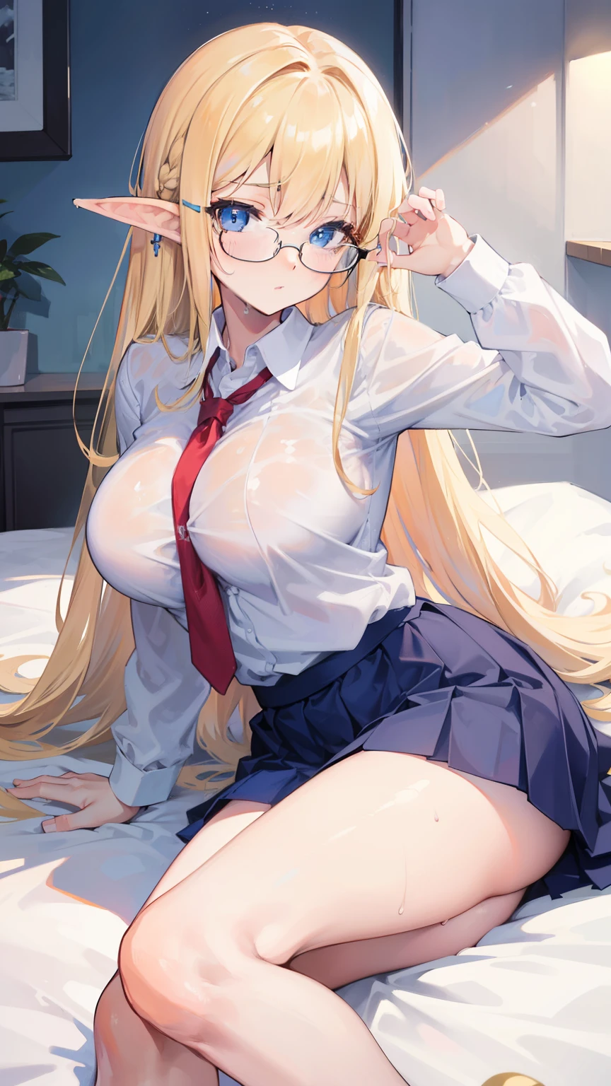 masterpiece, 8K, highest quality,girl,embarrassing, delicate hands,slender,blonde,long hair,straight hair,beautiful hair,blue eyes,big breasts,tits,elf ears,On bedding,Wet with sweat,school uniform,tie,glasses