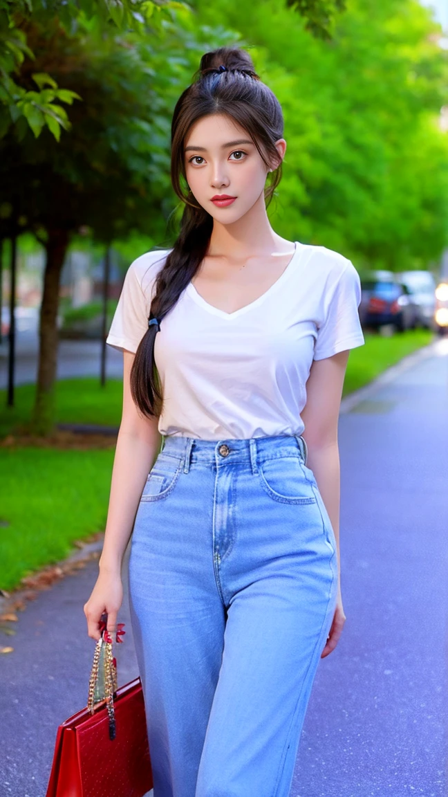 1girl, solo, long_hair, breasts, looking_at_viewer, blue_eyes, shirt, black_hair, hair_ornament, jewelry, closed_mouth, ponytail, short_sleeves, outdoors, sky, pants, bag, blue_sky, denim, t-shirt, building, jeans, blue_pants, shirt_tucked_in, high-waist_pants