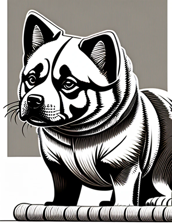 an Akita dog
, Fantasia, magical, mystic, incomum, Preto e branco, linhas onduladas, desenho de arte de linha realista, book coloring page, sem barulho, sharp thick lines, Arte de contorno, imagem centralizada, isolado em um fundo branco